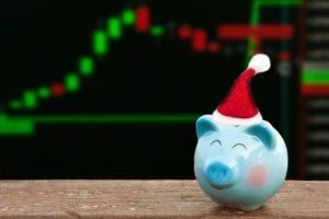 A piggy bank with a Santa cap in front of a stock chart - "NASDAQ Holidays 2019-2020" | Investment U