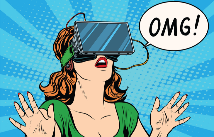 A woman in a virtual reality headset saying "omg"