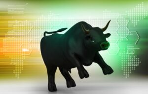 An animated bull against stock drops representing a stock market rally