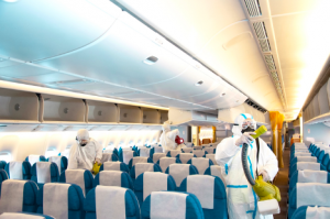 inside an airline plane with lots of seating