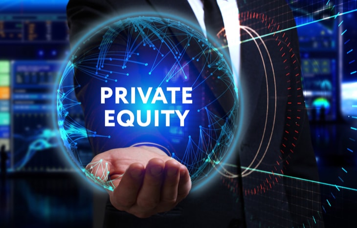 A man in a suit holding a globe that says private equity