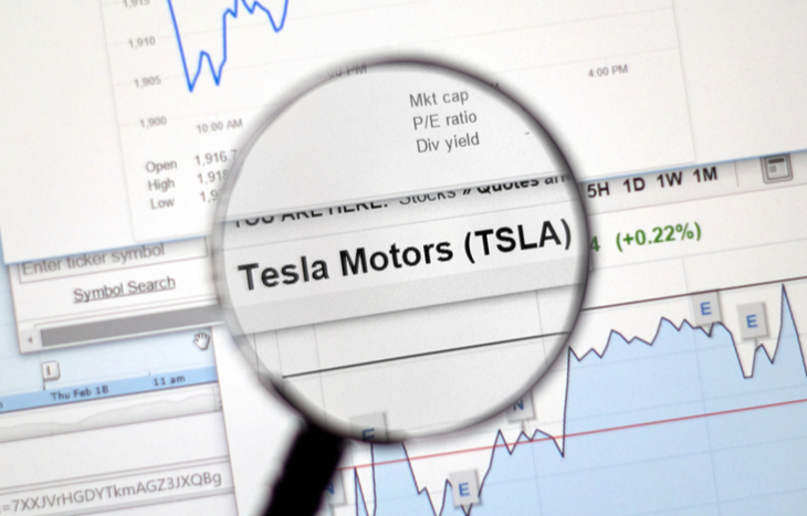 A magnifying glass hovering over the Tesla stock quote - Tesla Stock Split