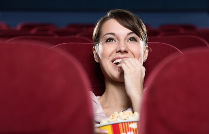 A woman sits alone watching a movie in a theater. Will AMC stock continue to perform?