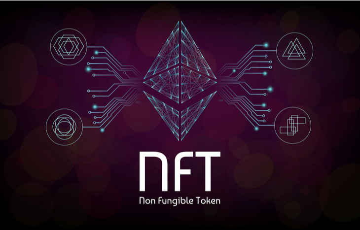 An illustration of an NFT overlaying blockchain tech.