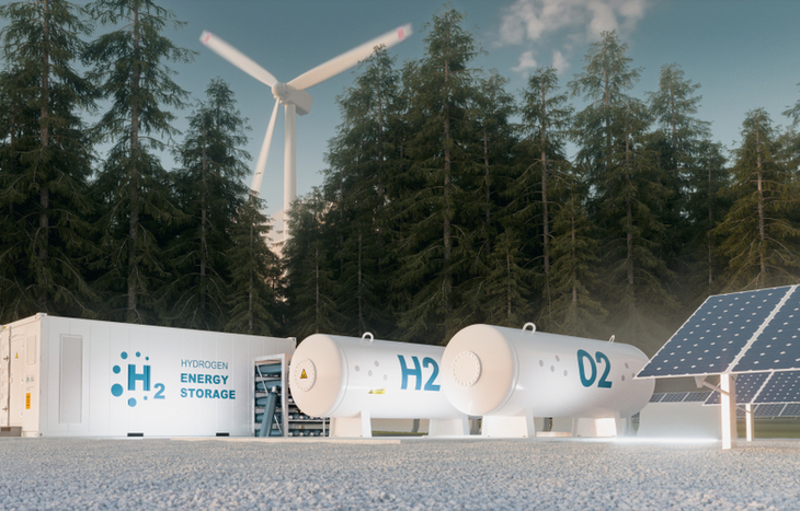 Green hydrogen stocks come from the process of creating hydrogen by separating water into its two basic elements, stored in the labelled containers pictured.