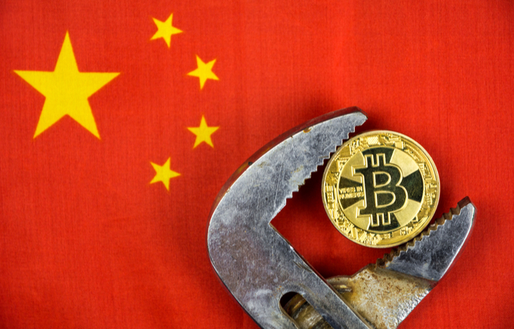 Image of a wrench clamping down on Bitcoin over the Chinese flag.