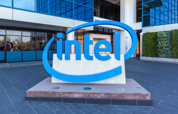 Intel stock forecast and company sign